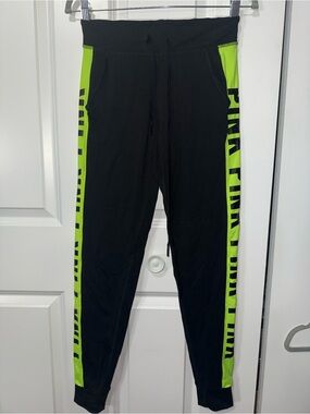 PINK Victoria's Secret Black Joggers with Neon Green Side Panels